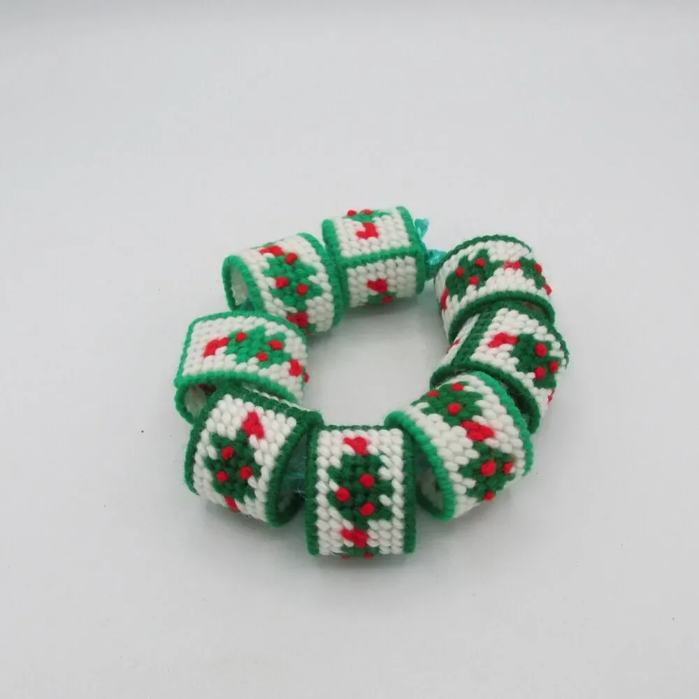 Vintage Christmas Napkin Rings Handmade Plastic Canvas Holly  Set of 8
